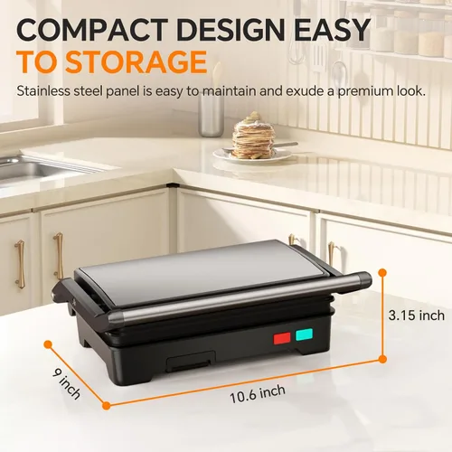 Vista 7 de Panini - Parrilla de prensa, sandwichera de 1000 W con placas revestidas antiadherentes, abre 180 grados para cualquier tamaño de alimentos