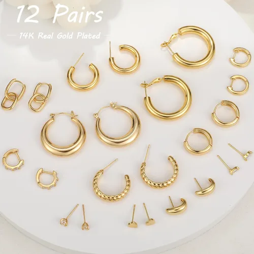 Vista 6 de Juego de 12 pares de aretes de aro de oro para mujer, chapados en oro de 14 quilates, ligeros, trenzados, gruesos, paquete para regalo
