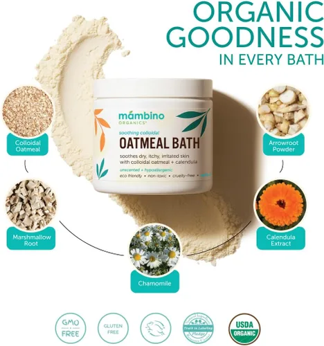 Vista 2 de Mambino Organics Polvo de Remojo de Baño de Avena Coloidal Calmante, para Recién Nacidos, Niños, Madres con Piel Seca y Sensible, Lavado de Bebé sin