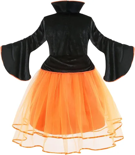 Vista 3 de LMYOVE Disfraz de bruja morada para niñas, disfraz de cosplay Helloween verde, naranja
