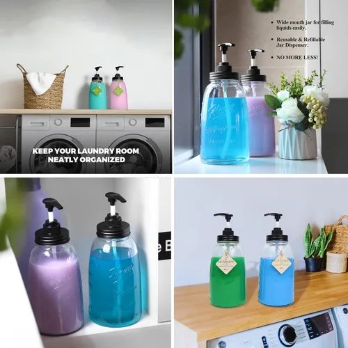 Vista 6 de Dispensador de detergente para ropa de vidrio, juego de 2 recipientes de detergente para ropa, recargable y reutilizable, dispensador de jabón