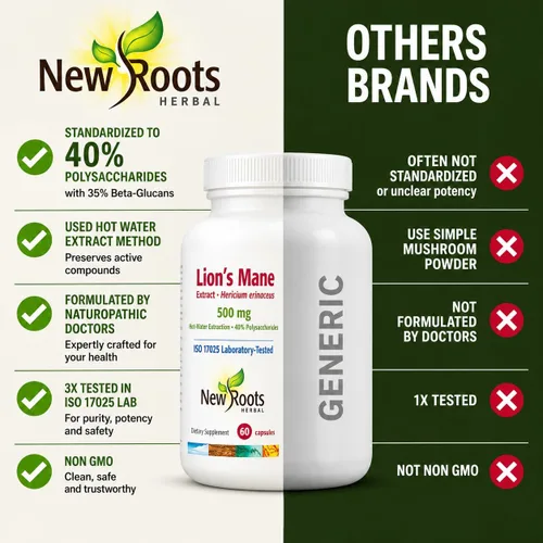 Vista 6 de NEW ROOTS HERBAL Cápsulas de suplemento de melena de león (60 cápsulas) 500 mg en polvo de hongo de melena de león altamente concentrado