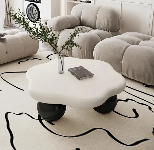 Vista 16 de Mesa de centro Cloud de 47.2 pulgadas con 3 patas de bola, moderna mesa central irregular para sala de estar, mesa de té pequeña baja y bonita