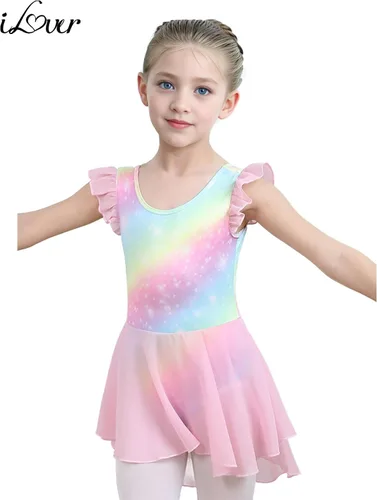 Vista 2 de iLover Vestido de leotardo clásico con tutú y mangas con volantes para niñas, para danza, gimnasia y ballet