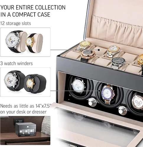 Vista 4 de Enrollador de reloj y caja de almacenamiento para enrollar 3 relojes automáticos y 12 espacios de almacenamiento de relojes