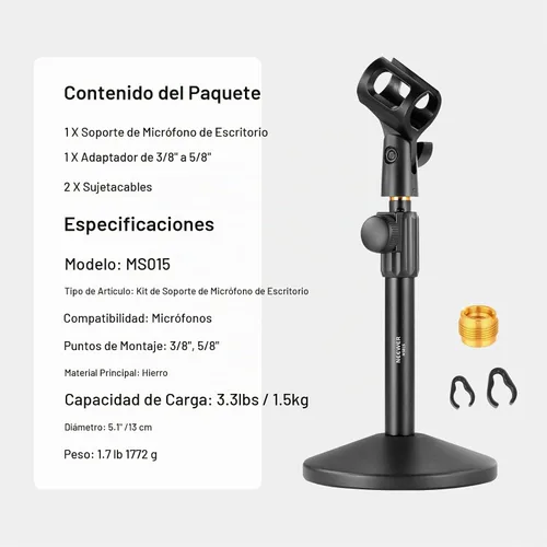 Vista 7 de NEEWER Soporte de micrófono de escritorio, soporte de micrófono de mesa ajustable con clip y adaptador de 3/8 a 5/8 pulgadas compatible con Blue