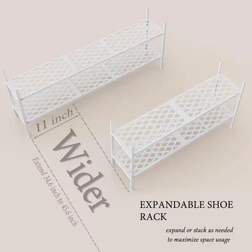Vista 4 de Zapatero expandible organizador de zapatos de metal, 2 niveles apilable largo soporte de almacenamiento de zapatos para armario, piso, entrada