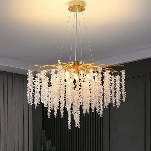 Vista 18 de Candelabro de Cristal Rama de Árbol Dorado Gota de Lluvia Redonda Lámpara Colgante con Borla Luminaria de Techo Colgante para Dormitorio Sala