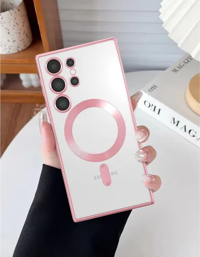 Vista 8 de Funda magnética para Samsung Galaxy S23, borde galvanizado, parte trasera transparente, funda protectora delgada con protección de cámara, Rosa