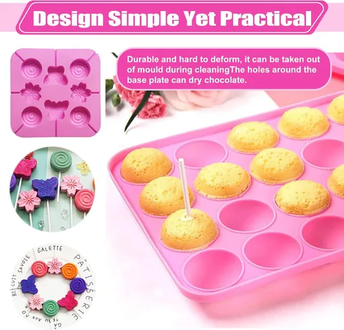 Vista 4 de Molde de silicona para tartas + 120 palitos, molde de Pascua sin BPA para hornear para dulces, chocolate, piruletas, postres, magdalenas, cocción