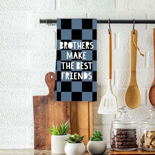 Vista 2 de Toallas de mano para niños, toallas de mano a cuadros azules y negros para el baño de los niños pequeños, Brothers Make The Best Friends, toallas