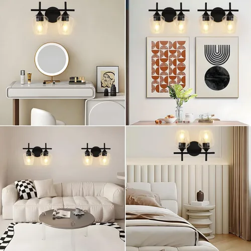Vista 6 de Accesorios de luz de baño de 2 luces, Luz de tocador moderna negra, Lámpara de pared de baño para espejo, cocina, dormitorio, pasillo, sala