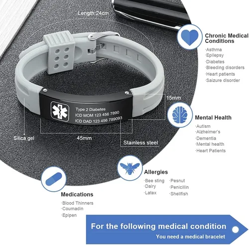 Vista 80 de OPALSTOCK Pulseras médicas personalizadas de silicona ajustable para identificación de emergencias, grabado gratuito, 9 pulgadas, resistente al