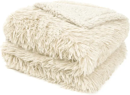 Vista 2 de PAVILIA Manta mullida beige crema para sofá, afelpada y cálida, súper suave y gruesa de piel sintética y sherpa, 50 x 60 pulgadas