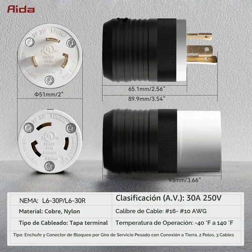 Vista 2 de AIDA NEMA L6-30P y NEMA L6-30R - Enchufe y conector de bloqueo, adaptador macho y hembra, generador de torsión, 30 amperios, 250 voltios, conexión a