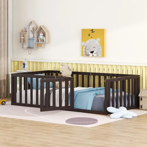 Vista 13 de Harper & Bright Designs Cama Montessori doble con valla y puertas, marco de cama de piso para espacios pequeños, sin rejas, gris