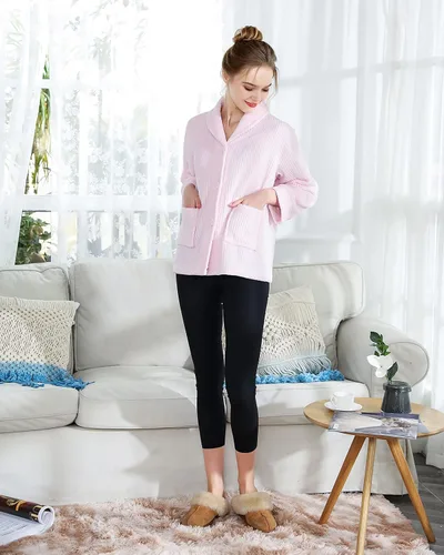 Vista 4 de Chaqueta de cama con cuello de chal de forro polar coral con aguja azul para mujer