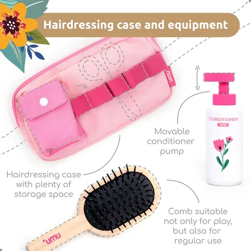 Vista 4 de UMU® Juego de peluquería de madera – 17 piezas de juguete de peluquería con secador de pelo, alisador, peine de espejo y accesorios – Diseño