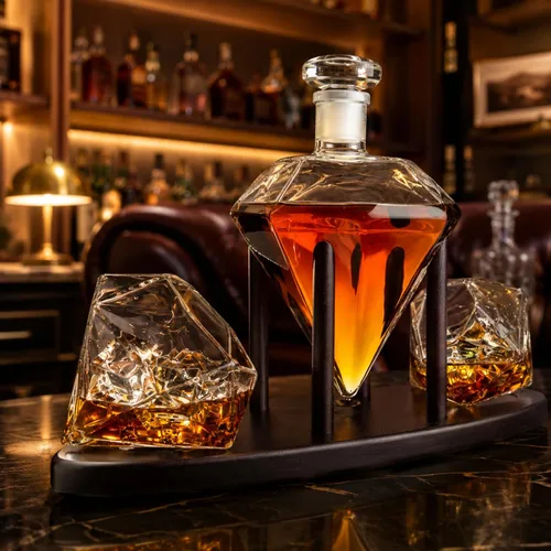 Vista 2 de The Wine Savant - Decantador de whisky en forma de diamante, con 2 copas en forma de diamante, para licor, escocés, ron, bourbon, vodka, tequila