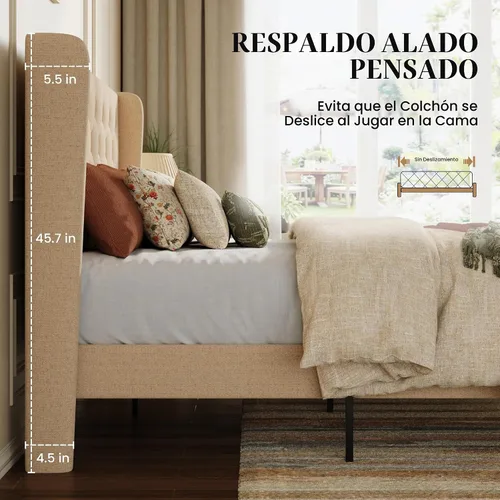 Vista 8 de SHA CERLIN Marco de cama tapizado completo, diseño capitoné con botones, color beige