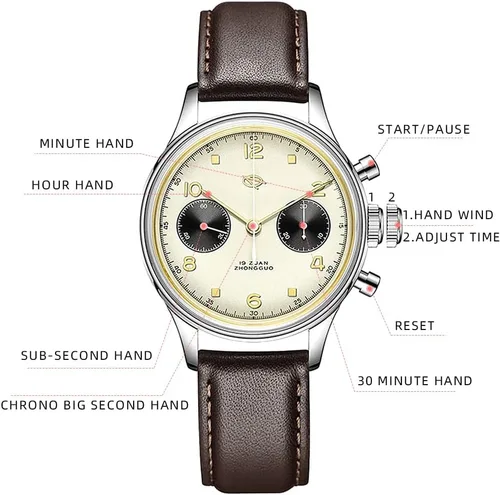 Vista 3 de Watches for Men Pilot Chronograph 38mm Original 1963 st1901 Movement Hand-Wound Sapphire Retro Men's Watches with Gooseneck