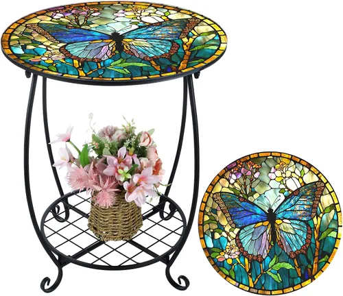 Vista 16 de Cinnvoice Mesa auxiliar redonda para exteriores, mosaico pequeño, decoración de patio, planta interior, mesa de té para patio, porche, jardín, sala