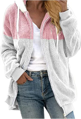 Vista 4 de Abrigo de lana de cordero en contraste para mujer, acolchado de moda para otoño e invierno, holgado, de felpa, resistente al viento, con capucha