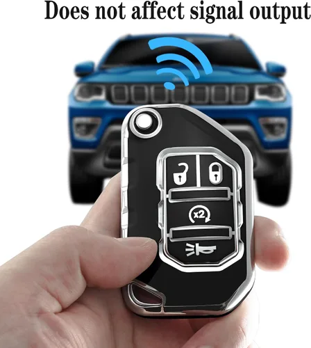 Vista 4 de Kirsnda Funda para llavero Jeep, funda con llavero, TPU suave que protege la carcasa de la llave del automóvil, compatible con Wrangler JL JLU Negro