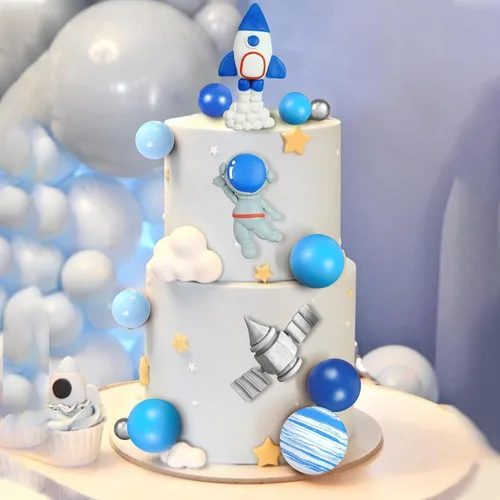 Vista 7 de Decoración para tartas espaciales de arcilla: figuras de astronauta, bolas de cohete, estrellas, decoraciones temáticas de espacio para niños