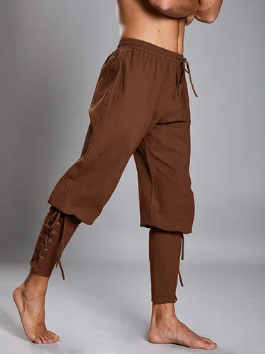 Vista 5 de Pantalones de tobillo medievales para hombre, disfraz de pirata vikingo, renacentista, con cordones, con bandas cónicas, pantalones casuales