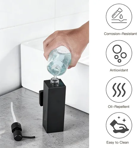 Vista 4 de Dispensador de jabón negro, dispensador de jabón líquido de acero inoxidable 304 montado en la pared para cocina y baño