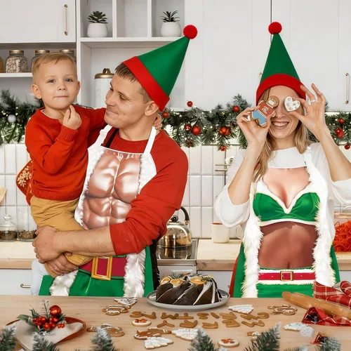 Vista 6 de 4 Piezas de Delantales de Navidad con Sombreros para Mujeres y Hombres, Delantales de Cocina Ajustables Divertidos para Cocinar para BBQ y Fiesta