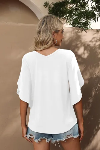 Vista 2 de SUEANI Blusas con lazo frontal para mujer, cuello en V, manga dividida 34, con nudo de verano