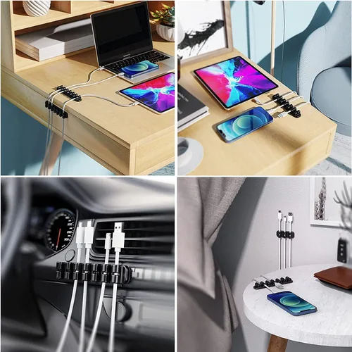 Vista 6 de SOULWIT Soporte de Cable Mejorado, Clips Organizadores de Gestión de Cables de Silicona Autoadhesivos para Escritorio Cable de Carga USB Cable