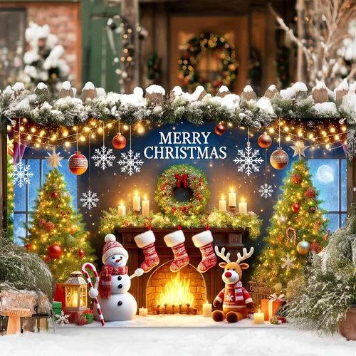 Vista 6 de BlissYard Pancarta de Fondo Navideño Escena de Chimenea con Muñeco de Nieve Reno Medias Guirnalda Árbol Regalos Decoración de Fiesta Navideña 71×43