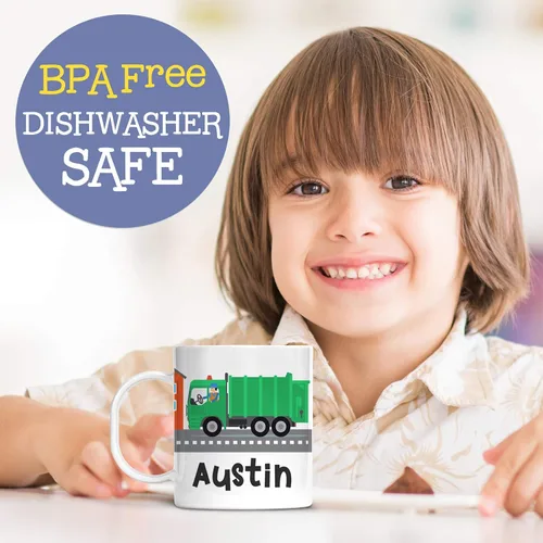 Vista 3 de Taza de camión de basura personalizada para niños con nombre del niño, taza irrompible de camión de basura, apta para lavavajillas y sin BPA
