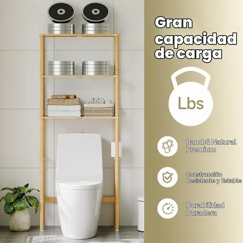 Vista 7 de Almacenamiento sobre el inodoro, estante de baño de bambú de 3 niveles con Natural