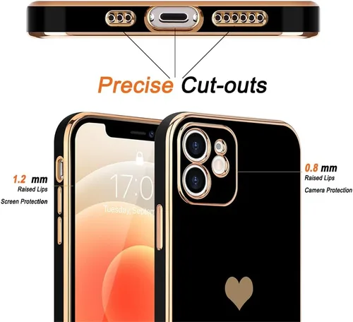 Vista 3 de Teageo Funda compatible con iPhone 12 para mujeres y niñas, linda diseño de corazón de amor, lujo brillante, cubierta trasera suave elevada