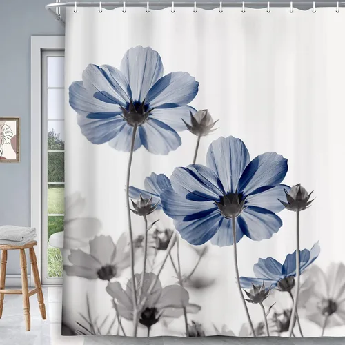 Vista 22 de MERCHR Cortina única floral azul para decoración de baño, cortina de ducha estilo granja con flores de margarita azul y gris elegantes y diseño