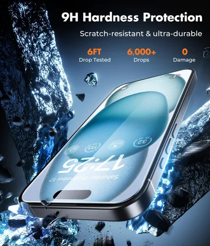 Vista 3 de UNBREAKcable Paquete de 3 protectores de pantalla para iPhone 15, 3 de vidrio templado + 3 protectores para lente de cámara, dureza 9H, claridad HD