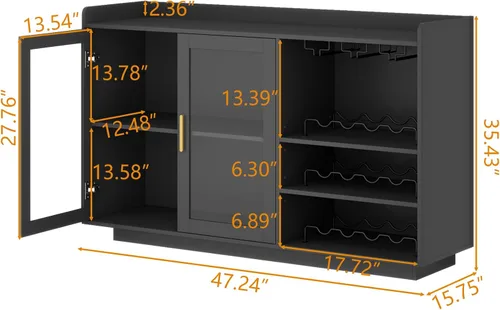 Vista 2 de Gabinete de barra de vino Loomie con luces LED, barra de café flotante con estante de vidrio y estantes de vino removibles, aparador buffet moderno