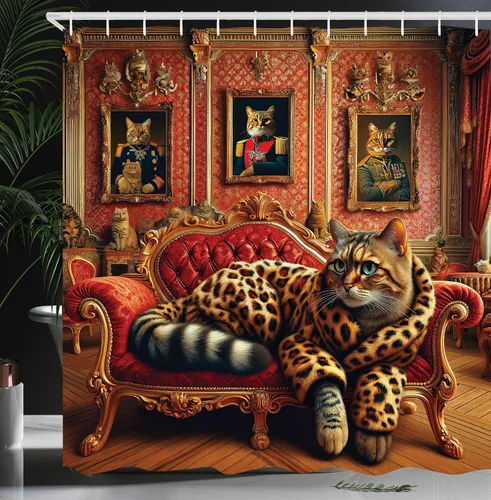 Vista 24 de Ambesonne Cortina de ducha de gato, diseño bohemio de estilo étnico con poses de gatitos sentados y acostados, juego de decoración de baño de tela