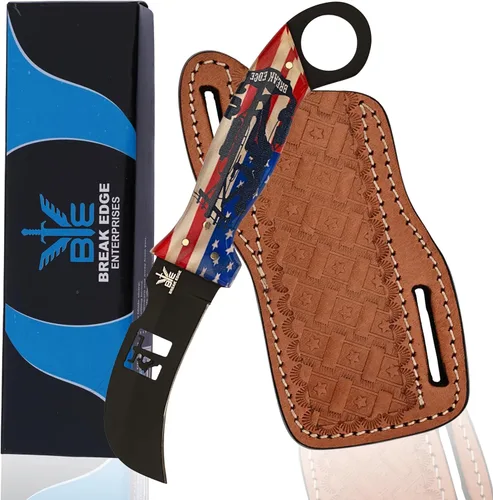Vista 20 de Cuchillo de Hawkbill de Lineman hecho a mano de acero 1095 con funda de cuero, cuchillo de utilidad resistente para electricistas y pelado de cables