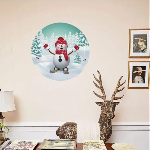 Vista 4 de Placa de exhibición de cerámica, placa decorativa colgante de cerámica navideña, montaña cubierta de nieve con abetos y esquí, sala de estar