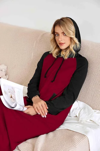 Vista 3 de Ekouaer Camisón de manga larga con capucha para mujer, color de contraste, ropa de descanso de longitud completa con bolsillo, S-4XL