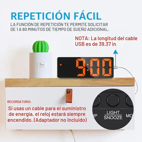 Vista 4 de AMIR Reloj despertador digital, reloj LED para dormitorio, reloj electrónico de escritorio con pantalla de temperatura, brillo ajustable, control