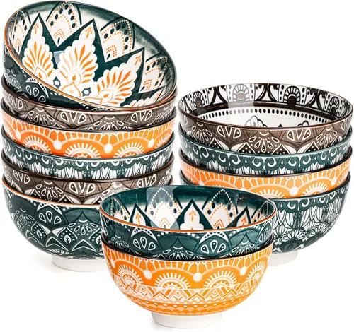 Vista 7 de Foraineam Paquete de 12 cuencos de porcelana, juego de cuencos pequeños de 10 onzas, coloridos cuencos redondos florales para sopa, helado