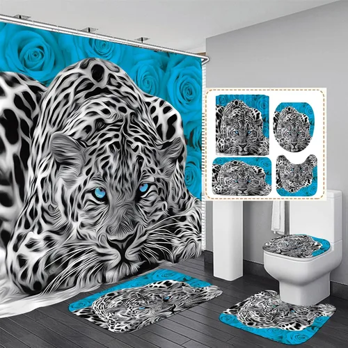 Vista 11 de Juego de 4 cortinas de ducha con diseño de rosa azul y leopardo con alfombras, tapa de inodoro y tapete de baño, cortina de ducha azul con 12