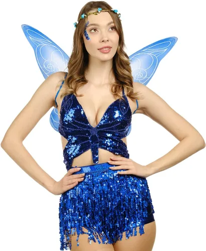 Vista 4 de Funcredible Juego de accesorios para disfraz de hada alas de hada corona de hadas alas de hadas de dientes azules adultos