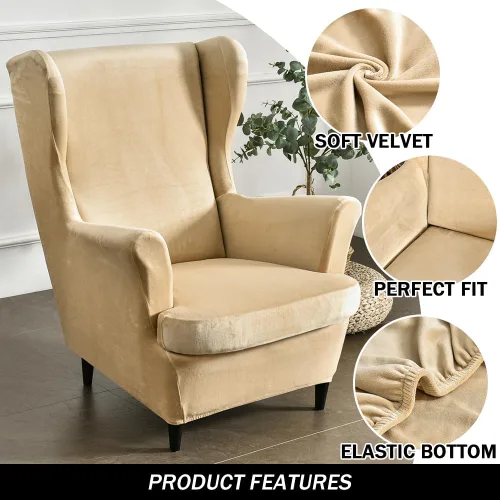 Vista 5 de Fundas elásticas para silla de ala, 2 piezas, fundas elásticas de terciopelo suave con parte inferior elástica para sala de estar y dormitorio Beige